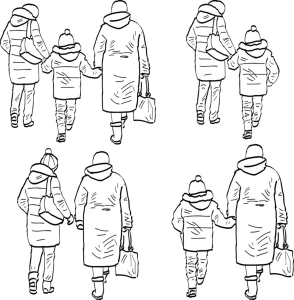 Desenhos Vetoriais Mulheres Cidade Com Criança Andando Longo Rua — Vetor de Stock
