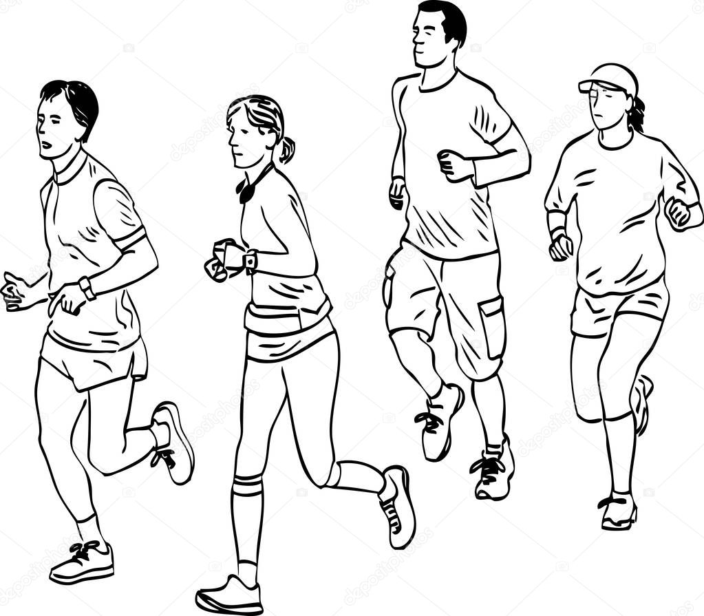 Vector drawing of group young people jogging