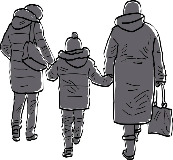 沿街行走的带小孩妇女轮廓的矢量绘图 — 图库矢量图片