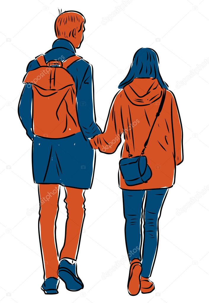 Vector drawing of students couple walking along street