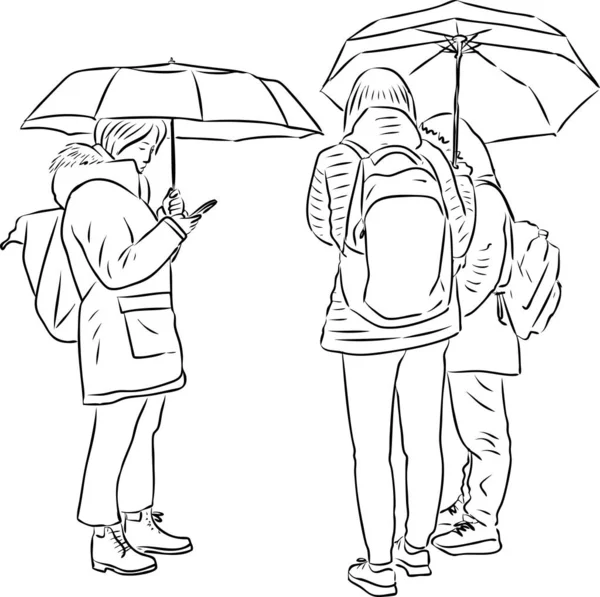 Vector Outline Drawing Teen Students Standing Umbrellas — Stock Vector