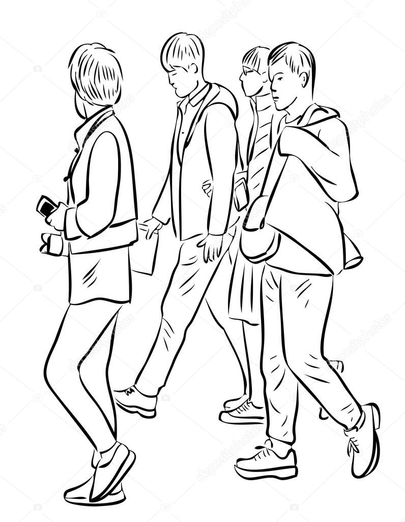 Vector outline drawing of group tourists students going on a stroll