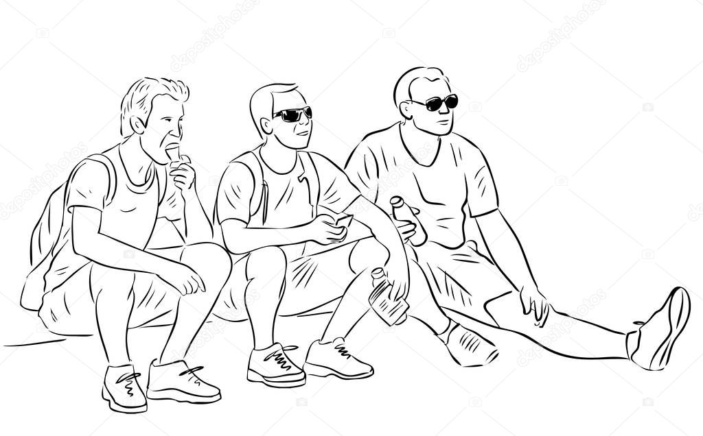 Vector outline drawing of tourists sitting and resting during a walk