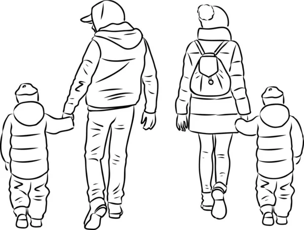 Kontur Ritningar Föräldrar Med Sina Barn Går Promenad — Stock vektor