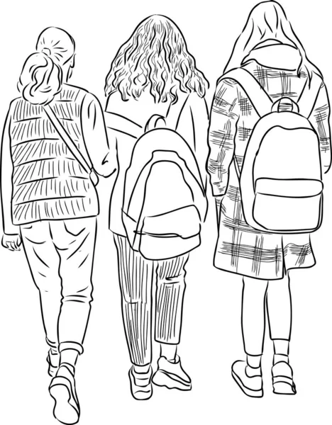Контурний Малюнок Студентів Дівчат Йдуть Вулицею — стоковий вектор