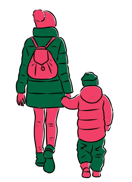 Disegno Vettoriale Madre Con Suo Figlio Che Cammina Strada — Vettoriale Stock