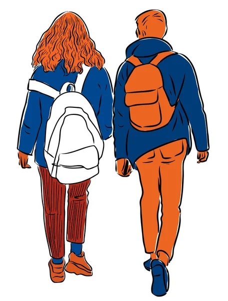 Desenho Vetorial Casal Adolescentes Andando Longo Rua — Vetor de Stock