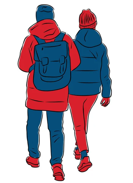 Vector Drawing Couple Students Walking Outdoors — Stock Vector