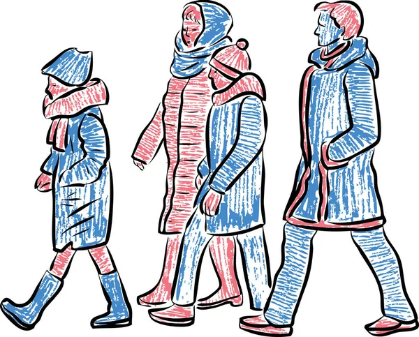 Dibujo Vectorial Mujeres Con Sus Hijos Caminando Por Calle — Archivo Imágenes Vectoriales