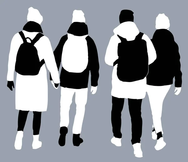 Vector Beeld Van Silhouetten Vier Studenten Gaan Voor Een Wandeling — Stockvector