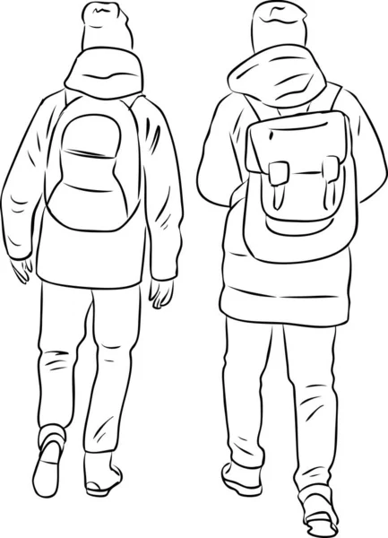 Dibujo Del Esquema Vectorial Dos Chicos Adolescentes Que Salen Aire — Vector de stock