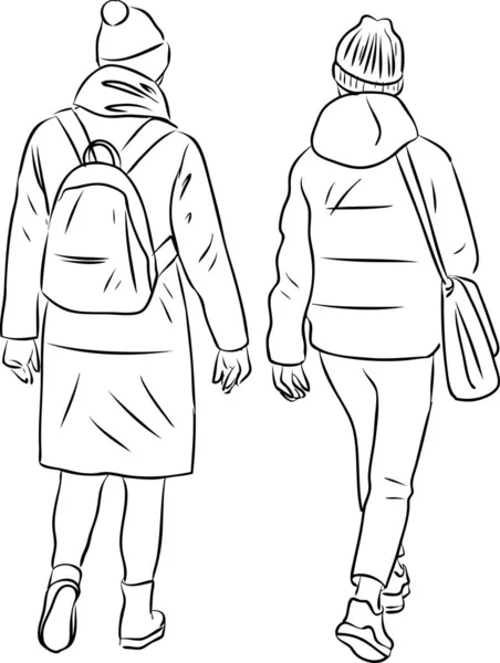 Vector Outline Drawing Two Teen Girls Walking Outdoors — Stock Vector