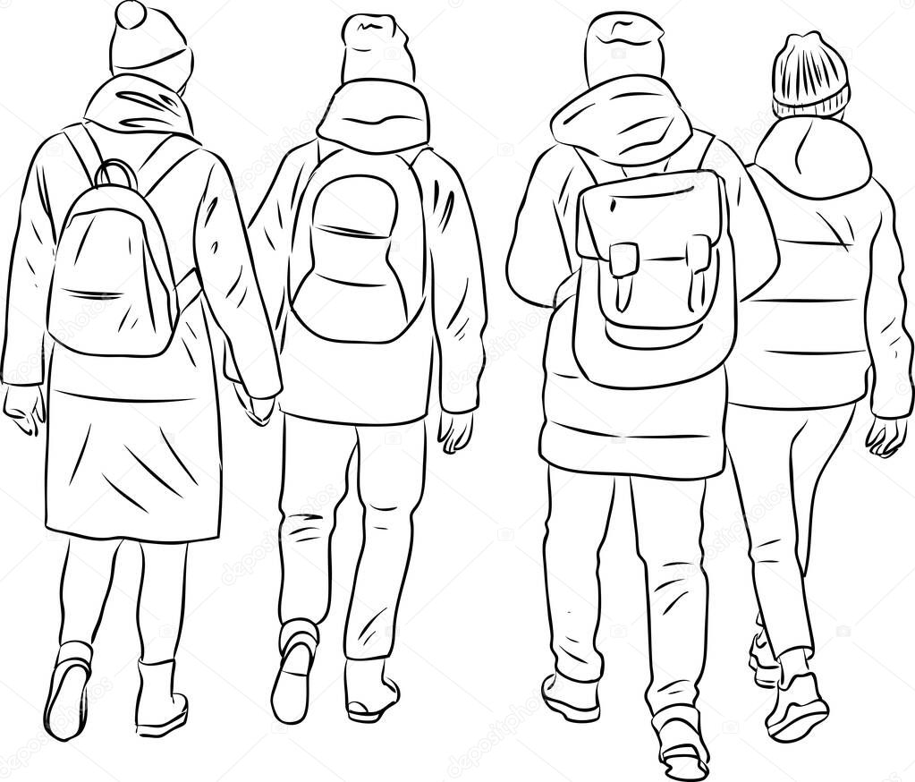 Vector outline drawing of students friends walking outdoors