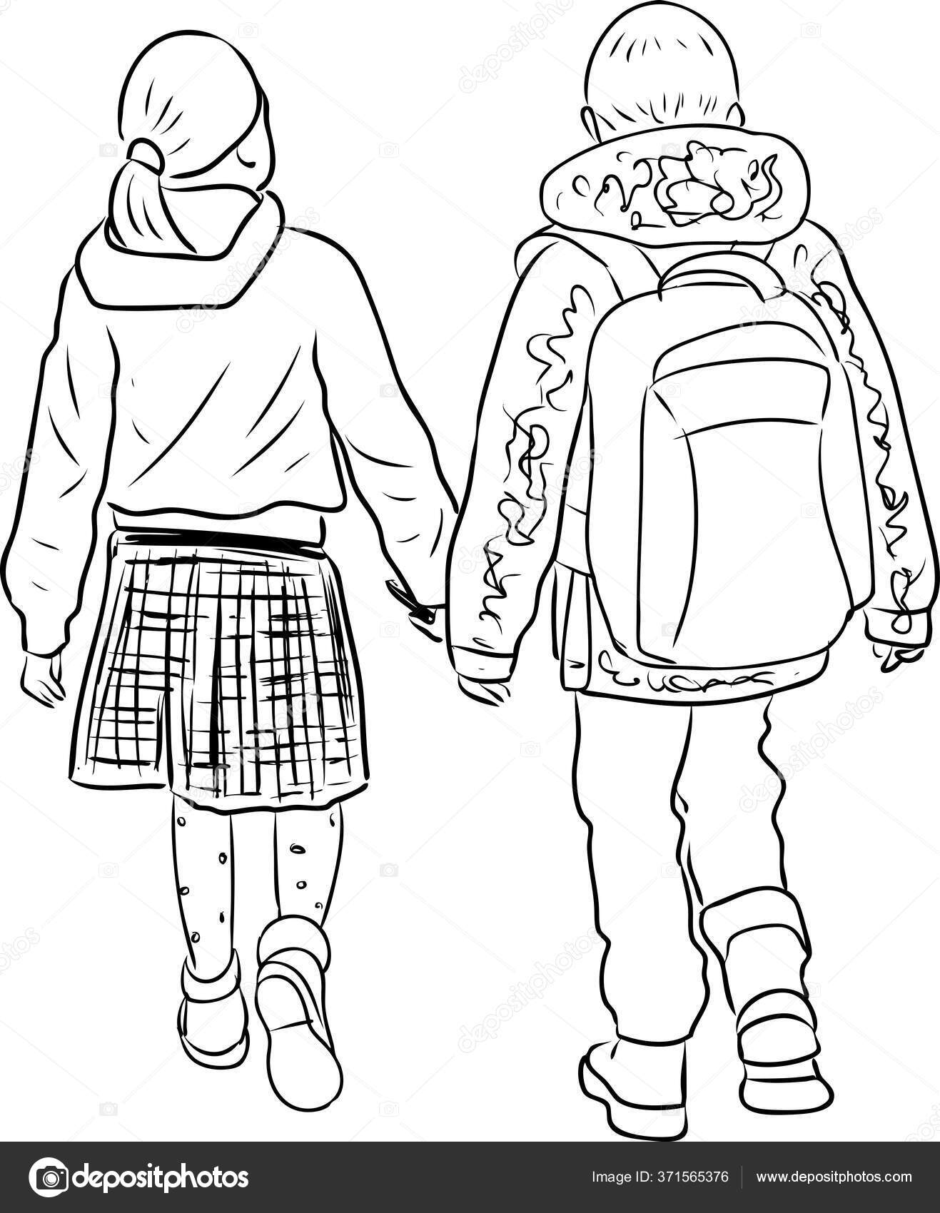Outline Drawing Little Boy Girl Walking Outdoor Together Vector Image By C Chronicler101 Vector Stock