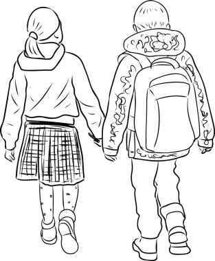 Küçük kız ve oğlanın açık havada yürüdüğünü gösteren bir taslak.