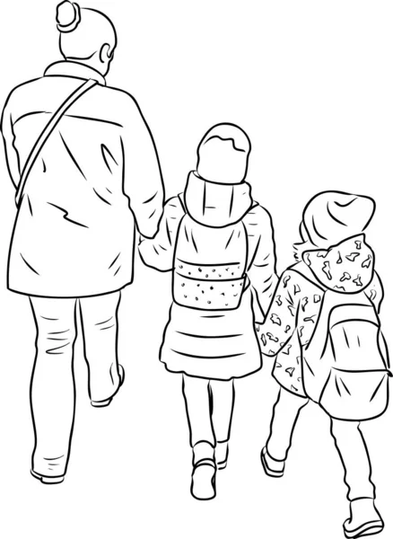 Outline Drawing Silhouettes Mother Her Little Kids Walking Outdoors — Stock Vector