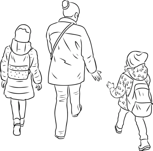 Esquema Dibujo Mujer Con Pequeño Niño Caminando Por Calle — Vector de stock