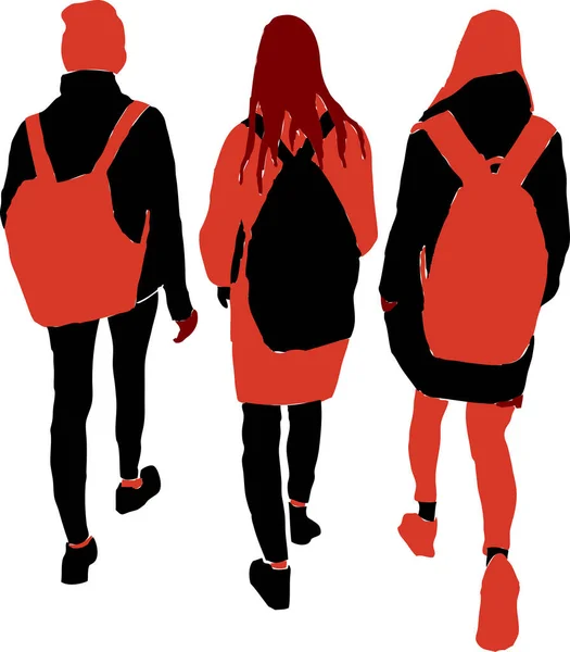 Vector Idrawing Siluetas Tres Adolescentes Niñas Caminando Aire Libre — Vector de stock