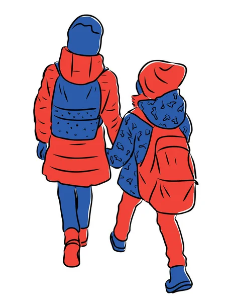 Vector Drawing Two Little Schoolgirls Walking Street Together — Stock Vector