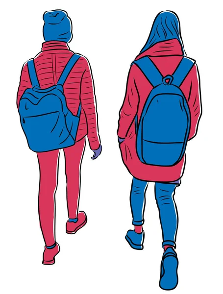 Imagen Vectorial Siluetas Dos Niñas Adolescentes Caminando Por Calle — Vector de stock