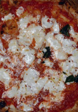 Closeup ince kabuk New York tarzı margarita pizza kabuk, sos ve peynir, icat edilmiştir ve Napoli İtalya üzerinden alınan bir gıda ile