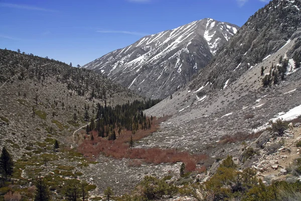 Scène alpine avec des montagnes enneigées dans l'est de la Sierra près du parc national Yosemite, Sierra Nevada Mountains, Californie un endroit populaire pour les excursions en camping-car, les vacances en famille, la randonnée à dos et la randonnée — Photo
