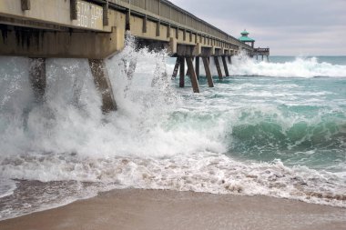 Florida 'da Atlantik Okyanusu' nda dalgalı ahşap balıkçı iskelesi sahnesi