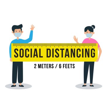 Birbirinden ayrı insanlarla sosyal uzaklık işareti. Cetvel aralarındaki doğru uzaklığı veya boşluğu gösterir.