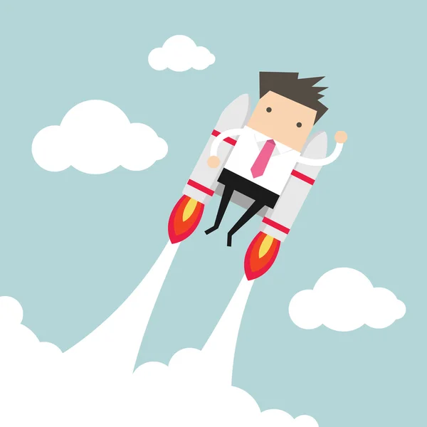 Hombre de negocios volador con jetpack — Vector de stock