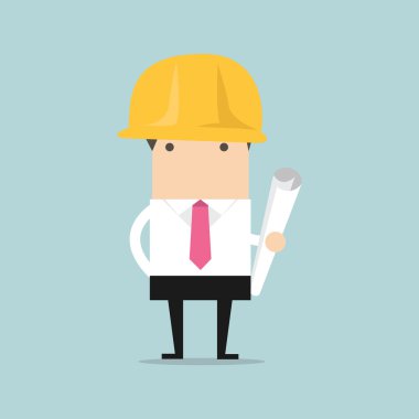 Rulo, yatırımcı sunumu üzerinde İnşaat Sanayi konsept tasarımı için mimar veya mühendis projesi ile sarı kask içinde planları