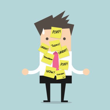 Businessman with a lot of short note for urgent work clipart