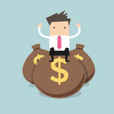 Doları para torbası yığını üzerine oturan işadamı