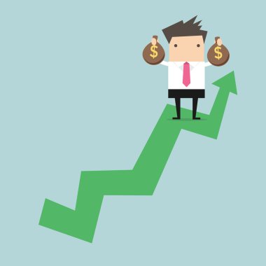 Para çantasını grafik büyüyen üzerinde tutan işadamı.