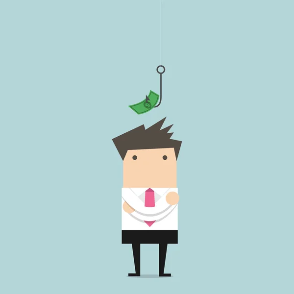 Businessman standing in front of a hook with a dollar sign as bait. — Stock vektor