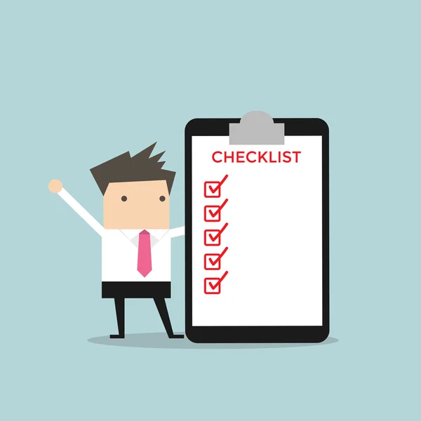 Businessman completing a checklist ticking al the boxes — ストックベクタ