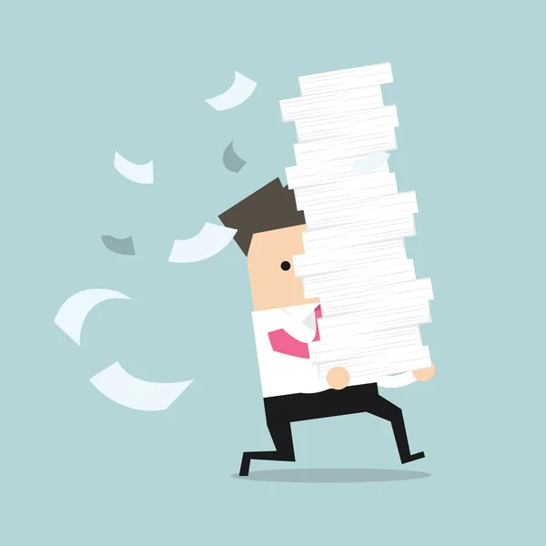 Businessman run holding a lot of papers in his hands — Stock Vector