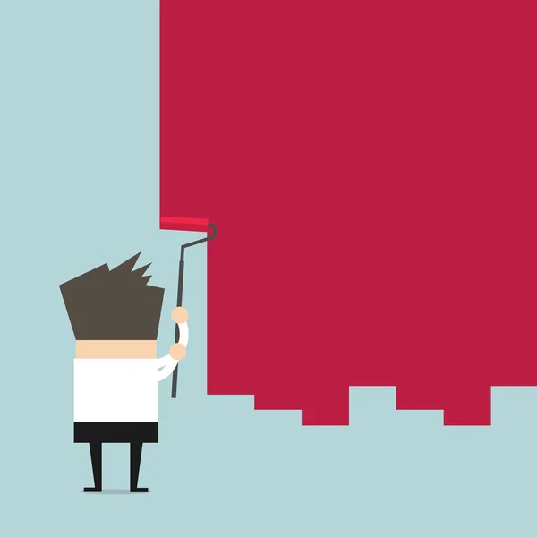 Businessman painting a wall with red paint and a paint roller vector — Stockový vektor