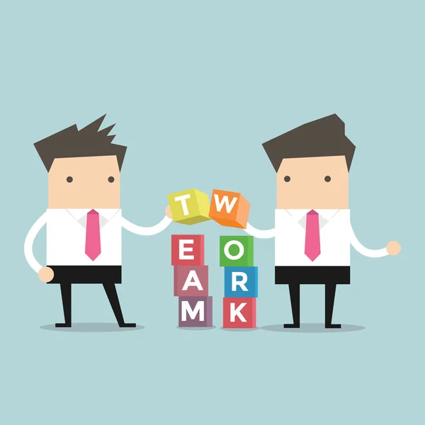 Two businessman is building Teamwork cubic box puzzle, vector — ストックベクタ