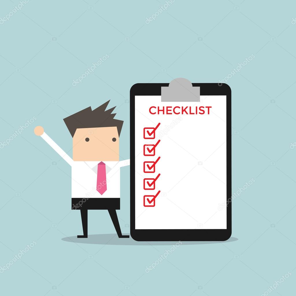 Businessman completing a checklist ticking al the boxes
