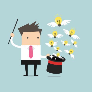 İşadamı ile büyü şapka Işık Ampüller (fikirler dolu)