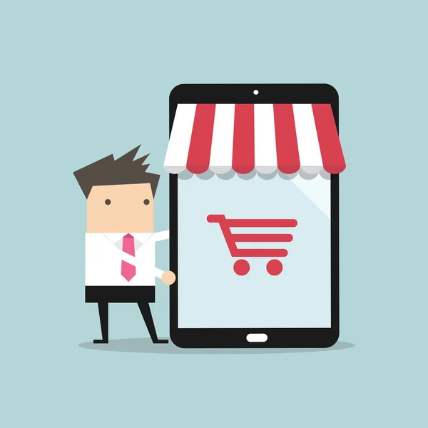 Businessman with online shop on tablet. Online shopping concept. Web store. — Διανυσματικό Αρχείο