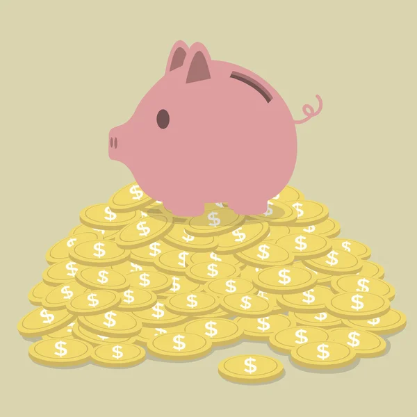Caixa de dinheiro em forma de porco em pé em moedas de ouro —  Vetores de Stock
