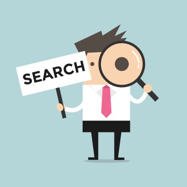 Arama işareti olan büyüteç aracılığıyla arıyor işadamı