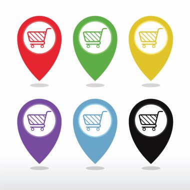 Plaza alışveriş sepeti ile renkli harita işaretçi.