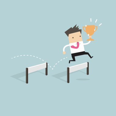 Businessman jumping over obstacle and holding trophy vector clipart