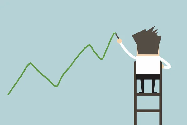 Empresario Pie Escalera Dibujo Gráfico Crecimiento Pared — Archivo Imágenes Vectoriales