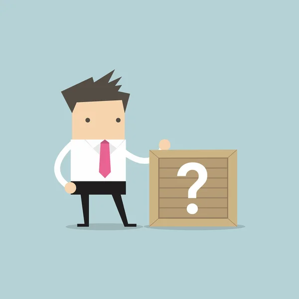 Επιχειρηματίας Που Στέκεται Δίπλα Άγνωστο Κουτί — Διανυσματικό Αρχείο