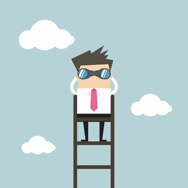 Empresário Uma Escada Usando Binóculos Acima Nuvem —  Vetores de Stock