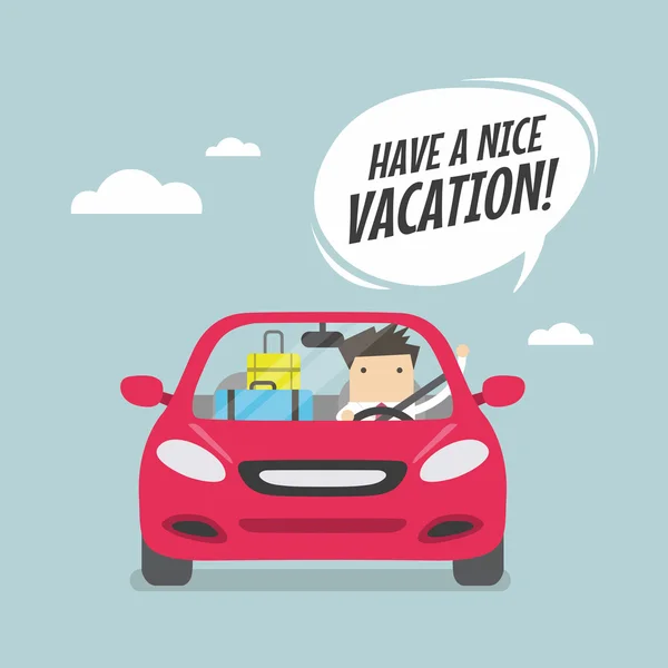 快乐的商人开车旅行与手提箱和说有一个不错的假期 — 图库矢量图片