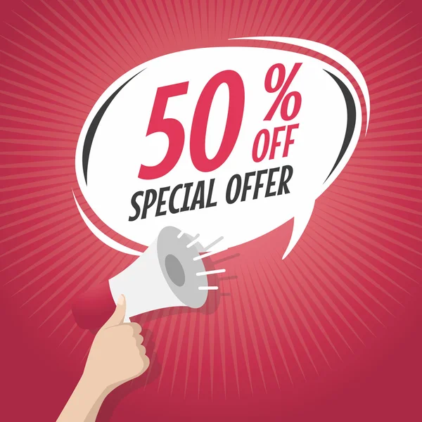 Sale 50% off Special Offer cartoon speech bubble with loudspeaker. — Stock Vector